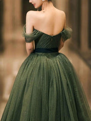 Simple green tulle long prom dress, green tulle evening dress