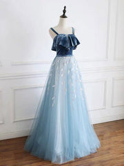 Blue tulle lace long prom dress, blue tulle long evening dress
