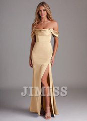 Off Shoulder Side Split Satin and Floor length Bridesmaid Dress - Jimiss Dress