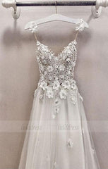A line v neck lace tulle long prom dresses, evening dress