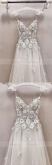 A line v neck lace tulle long prom dresses, evening dress