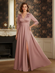 V-neck 3/4 Sleeves Flowers Satin Dress With Slit Dusty Rose