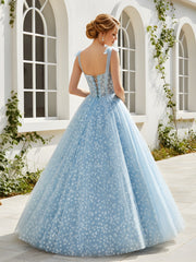 A-Line Sweetheart Neck Floral Tulle Long Dress Sky Blue