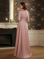 V-neck 3/4 Sleeves Flowers Satin Dress With Slit Dusty Rose