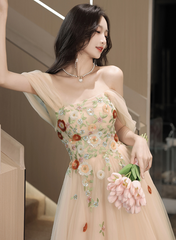 Light Champagne A-line Off Shoulder Party Dress, Tulle with Lace Applique Prom Dress