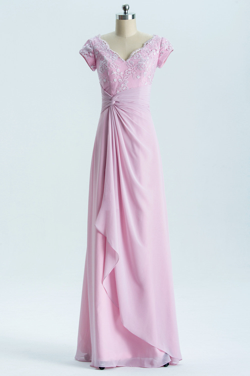 Korte mouwen roze appliques knoop lange bruidsmeisje jurk