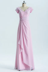 Korte mouwen roze appliques knoop lange bruidsmeisje jurk