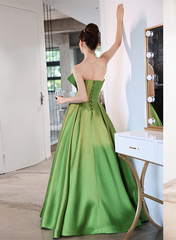 Green Satin A-line Long Formal Dress, Green Simple Pretty Floor Length Prom Dress