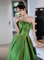 Green Satin A-line Long Formal Dress, Green Simple Pretty Floor Length Prom Dress