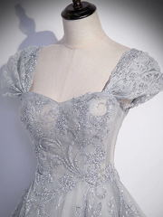 Grey A-line Tulle Short Sleeves Long Formal Dress, Grey Tulle Lace Party Dress Prom Dress