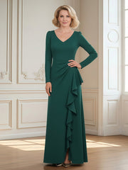 A-Line V Neck Ruffle Floor-length Dress Dark Green