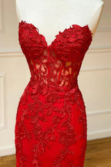 Red Strapless Sweetheart Mermaid Long Party Dress, Red Tulle with Lace Prom Dress