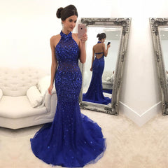Purple Mermaid Prom Dresses Halter Crystal Beaded