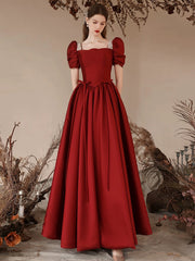 A-Line Satin Burgundy Long Prom Dress, puff sleeves Long Burgundy Formal Dress