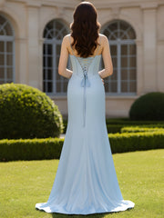 Beaded Trim Corset Gown with Ruched Slit Skirt Sky Blue