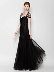 Mother of the Bride Dress Queen Anne Floor Length Tulle Short Sleeve No with Criss Cross Appliques