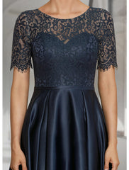 A-Line Mother of the Bride Dress Wedding Guest Elegant High Low Scoop Neck Asymmetrical Tea Length Satin Lace Short Sleeve