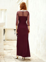 Illusion Neck Sheer 3/4 Sleeves Long Dress With Slit Cabernet