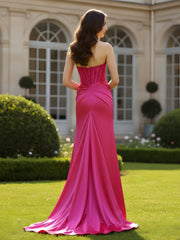 Textured Boned Bodice Gown with High Slit Skirt Fuchsia