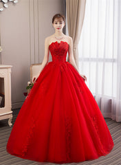 Glam Red Ball Gown Tulle Sweet 16 Dress with Lace, Red Long Formal Dress Party Dress
