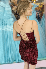 Shiny Burgundy Sequins V Neck Open Back Short Prom Homecoming Dresses HD0135