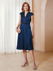 A-Line V-neck Cap Sleeves Knee-length Dress With Bow Navy Blue