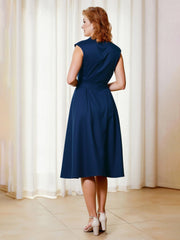 A-Line V-neck Cap Sleeves Knee-length Dress With Bow Navy Blue