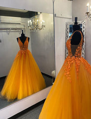 Tulle Long Prom Dress with Appliques and Beading,Prom Dresses,Pageant Dress