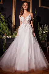 3D floral decal long sleeveless V-neck wedding dress