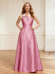 Floral One Shoulder A-Line Satin Long Dress Pink