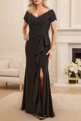 Off the shoulder short sleeved ruffled slit mother of the bride dress