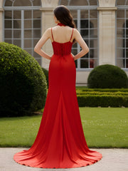 Satin Spaghetti Strap Dress with Choker Neckline Detail Red
