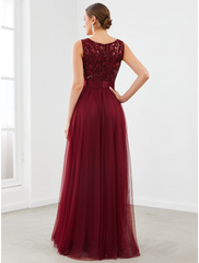 A-Line Bridesmaid Dress Jewel Neck Sleeveless Sparkle & Shine Floor Length Tulle with Tier