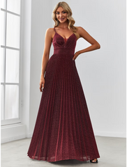 A-Line Bridesmaid Dress V Neck Sleeveless Elegant Floor Length Chiffon with Pleats