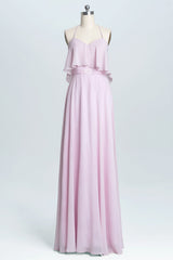 Roze riemen schieten chiffon a-line lange bruidsmeisje jurk