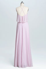 Roze riemen schieten chiffon a-line lange bruidsmeisje jurk