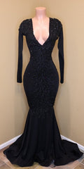 Mermaid Lace Sequins V Neck Long Sleeveless Black Prom Dresses