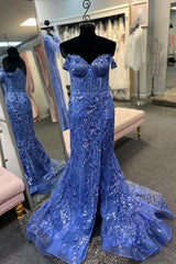 Off-the-Shoulder Sequin Lace Mermaid Long Dress with High Slit