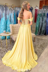 A-Line Yellow Off the Shoulder Beaded Corset Prom Dress