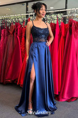 Spaghetti Straps Navy A-Line Slit Prom Dress with Sequins