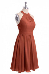 Roest oranje chiffon halter backless a-line korte bruidsmeisje jurk