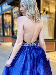 Beading Belt V-neck Backless A-Line Blue Organza Prom Dress