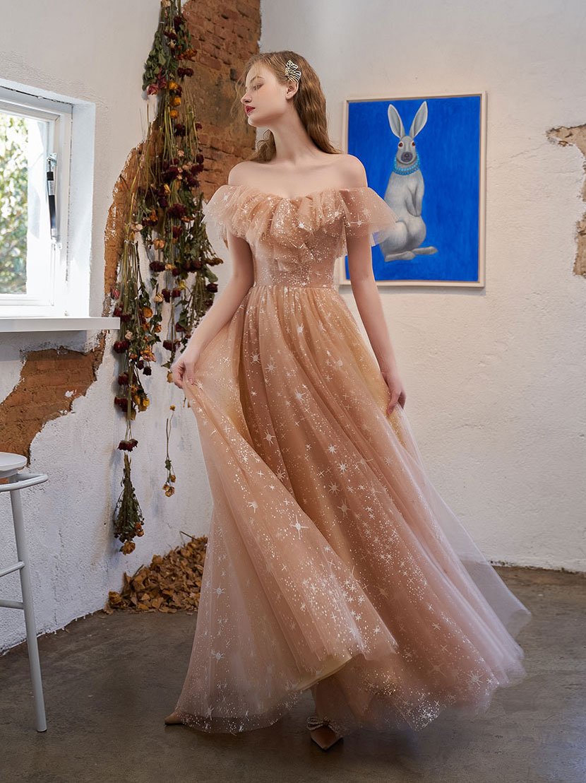 Simple tulle off shoulder lace long prom dress lace formal dress