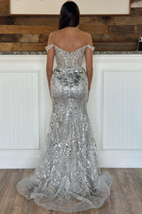 Off-the-Shoulder Sequin Lace Mermaid Long Dress with High Slit