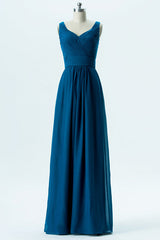 Teal Chiffon V-Neck Banded Waist Bridesmaid Dress