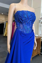 Blue Appliques Strapless Long Formal Gown with Attached Train