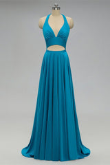 Elegant Halter Blue Long Bridesmaid Dress