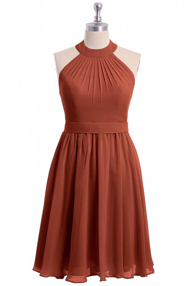Roest oranje chiffon halter backless a-line korte bruidsmeisje jurk
