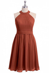 Roest oranje chiffon halter backless a-line korte bruidsmeisje jurk