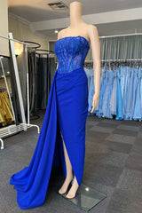 Blue Appliques Strapless Long Formal Gown with Attached Train